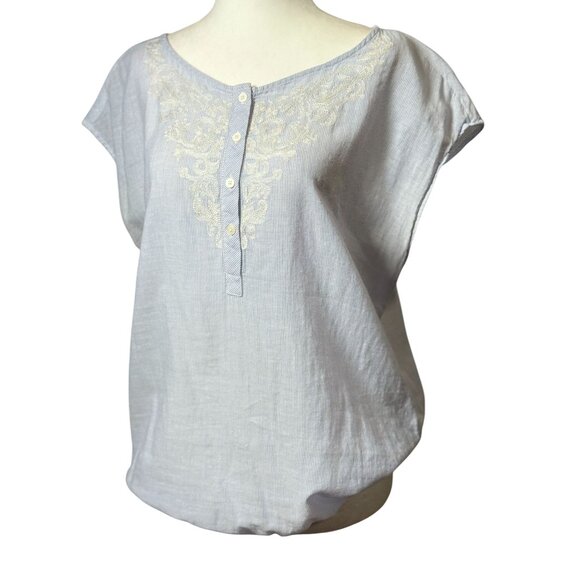 Loft Womens Cap Sleeve Blouse With Embroidered Front Button Placket Blue Size M - Picture 3 of 9